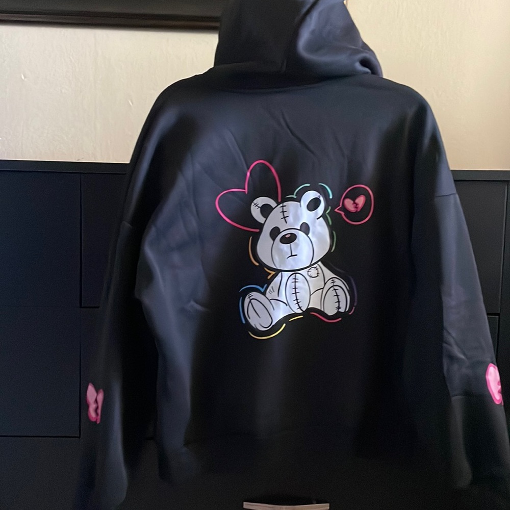 Black zip up hoodie.  Size L.